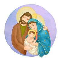 Christmas Nativity illustration with Mary and Joseph hugging baby Jesus