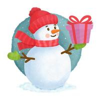 lindo muñeco de nieve con bufanda sosteniendo un regalo vector