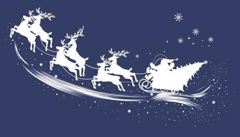 Silhouette of Santa Claus in a sleigh with a Christmas tree pulled by reindeer. vector