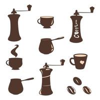 Set of images and silhouettes of coffee beans, cups, coffee grinders, coffee makers. Elements for design on a white background. vector