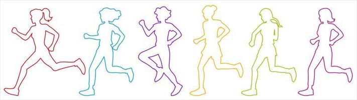conjunto de contornos de correr niñas y mujeres de diferentes colores. siluetas sin relleno sobre un fondo blanco. ilustración para deportes y estilo de vida saludable.