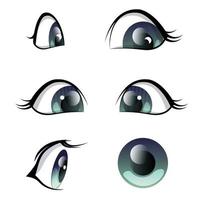 Set of blue eyes cartoon character, anime in different angles. Vector illustration of female, baby eyes isolated on white background.