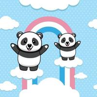 lindo personaje de panda, linda expresión sonriente con mano levantada, arco iris y fondo de nubes adecuado para papel tapiz, camiseta y otras necesidades de diseño. vector