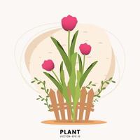 Illustration of a plant with red flowers growing in a small garden, with a small fence behind it. Very beautiful to use for your design needs. vector