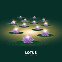 Aesthetic lotus theme background, lotus on the water in dark shades with multiple light points. vector