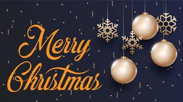 Merry christmas celebration poster with gold glass balls and snowflakes vector