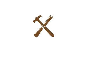 Rustic Crossed Hammer and Chisel for Carpenter or Woodworking Logo Design Vector