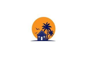 Sunset Palm House Cabin Cottage Resort Hotel Inn Real Estate Summer Travel Logo Design Vector