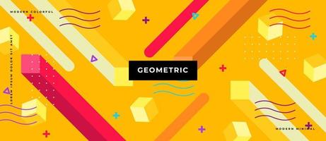 Vector illustration of memphis retro styled geometric shape moving in yellow background.