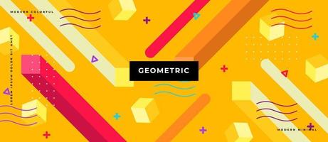 Vector illustration of memphis retro styled geometric shape moving in yellow background.