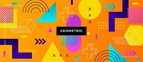 Colorful abstract geometric triangle, square, circle seamless pattern on yellow background. Memphis style concept. vector