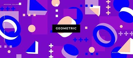 Flat bright colorful 3d animated shape. Memphis style geometric shape, circle, triangle, square on purple background. vector