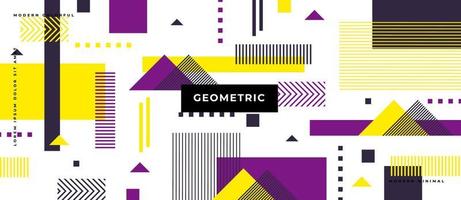 Flat Memphis pattern styles shape on white background. Trendy geometric triangle, rectangle, line, yellow, purple concept. vector