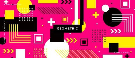 Colorful elements with multicolored polygon geometric shapes. Memphis style circle, square, line, dot on neon pink background. vector