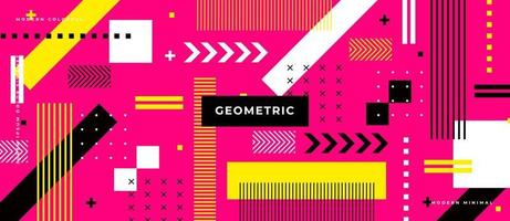 Bright colorful flat shape on neon pink background. with Memphis style and geometric shapes, line, dot, square pattern concept. vector