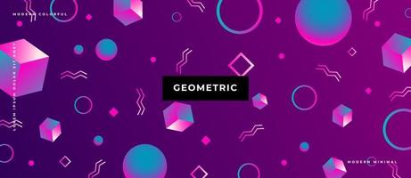 Geometric 3D shape memphis style. Moving cube, sphere, circle, dot, line on neon gradient background vector