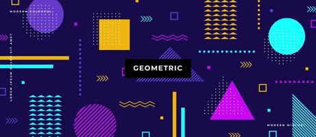 Colorful Flat polygon Elements with multicolored simple geometric shapes. Memphis style triangles, circles, square, dot, lines on dark blue background. vector