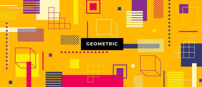 Abstract background with blocks, lines, square geometric shapes. Memphis style concept in yellow background. vector