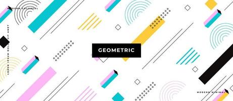 Geometric seamless line, dot, shape pattern. White background in Memphis style. vector