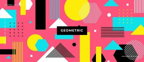 Memphis style banner template. Trendy fashion background with geometric shapes, triangle, circle, hexagon, rectangle, line, dot background. vector