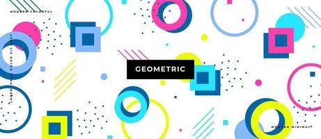 White background with geometric line, shapes, square, circle, dot pattern with trendy Memphis fashion style 80s-90s template in colorful vibrant colors. vector