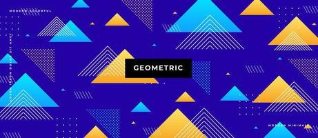 Moving colorful flat triangle on navy background. Memphis style shape, line, dot concept illustration. blue vector