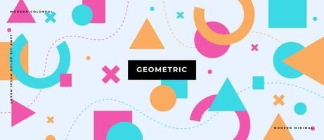 Colorful flat polygon shape geometric pattern triangles, square, circles, dots, lines on white background. Memphis style. vector