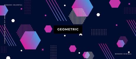 Colorful gradient hexagon animated shape. Memphis style shape, line, dot, polygon on dark blue background. vector