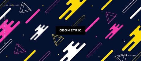 Flat geometric vibrant memphis style animated shape, line, dot, triangle on dark blue background. vector