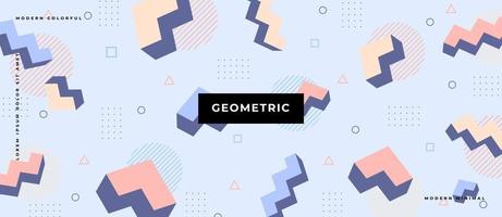 Flat minimal geometric seamless pattern 3D elements. Memphis style shape, line, dot in pastel color background. vector