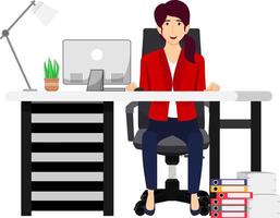 lindo personaje de mujer de negocios sentado en el moderno escritorio de la oficina en casa con mesa de silla y con lámpara de mesa de computadora de PC y planta de la casa vector