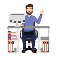 Cute businessman character sitting on modern home office desk with chair table and with pc computer with some paper pile files and folder vector