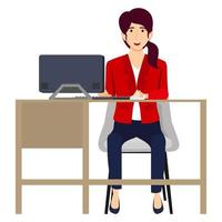 Cute businesswoman character sitting on modern home office desk with chair table and with pc computer drawer cabinet vector