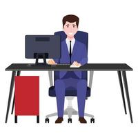 Lindo personaje de hombre de negocios sentado en el moderno escritorio de oficina en casa con mesa de silla y con armario de cajón de computadora pc aislado vector