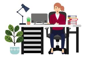 Lindo personaje de mujer de negocios sentado en el moderno escritorio de oficina en casa con mesa de silla y con lámpara de mesa de computadora pc y planta de la casa aislada vector