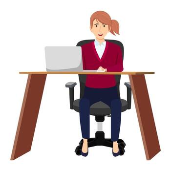Lindo personaje de mujer de negocios sentado en el moderno escritorio de la oficina en casa con mesa de silla y con computadora portátil pc vector
