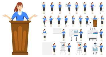 Cute businesswoman character set with different pose doing different actions jumping standing with presentation board with sales graph chart podium isolated vector