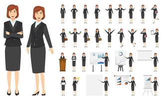 Businesswoman character set with different pose doing different actions jumping standing with presentation board with sales graph chart podium isolated posing vector