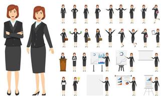 Businesswoman character set with different pose doing different actions jumping standing with presentation board with sales graph chart podium isolated posing vector