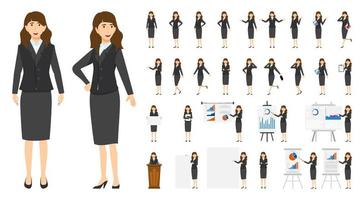 Cute businesswoman character set with different pose doing different actions jumping standing with presentation board with sales graph chart podium isolated posing