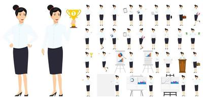 Businesswoman character set with different pose doing different actions jumping standing with presentation board with sales graph chart podium isolated vector