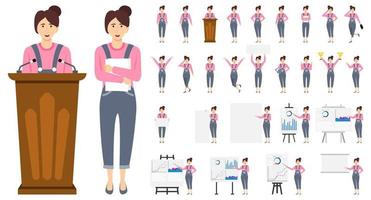 Cute businesswoman character wearing business outfit with different set of pose doing different actions with podium presentation board graph chart vector