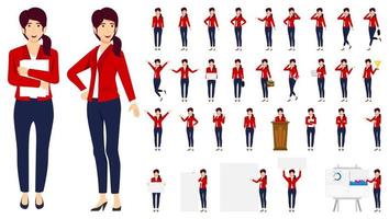 Businesswoman character set wearing business outfit with different set of pose doing different actions with podium presentation board graph chart and posing vector