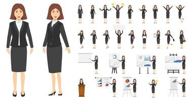 Businesswoman character set with different pose doing different actions jumping standing with presentation board with sales graph chart podium vector