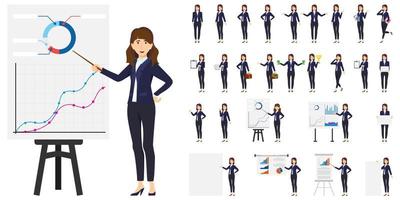 Businesswoman character set wearing business outfit with different set of pose doing different actions with presentation board graph chart and posing isolated vector