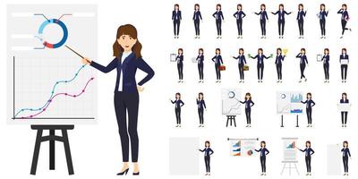 Businesswoman character set wearing business outfit with different set of pose doing different actions with presentation board graph chart and posing isolated vector