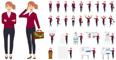 Businesswoman character set wearing business outfit with different set of pose doing different actions with podium presentation board graph chart and posing isolated vector