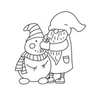 Gnome making a snowman doodle hand drawn illustration vector