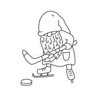 Gnome playing hockey. Doodle hand drawn vector illustration