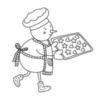 panadero muñeco de nieve con bandeja llena de galletas doodle dibujado a mano ilustración vector